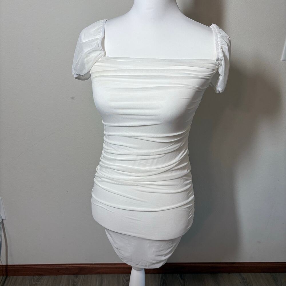 Princess Polly White Ruched Mesh Mini Dress Puff Sleeve Bodycon US 4 AU 8 Bridal - Picture 7 of 9